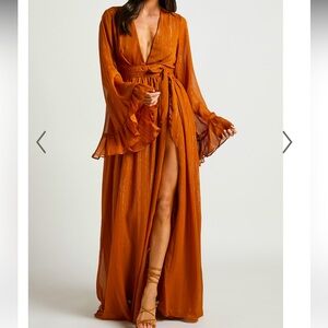 DANGEROUS WOMAN MAXI DRESS - PLUNGE THIGH SPLIT DRESS IN RUST